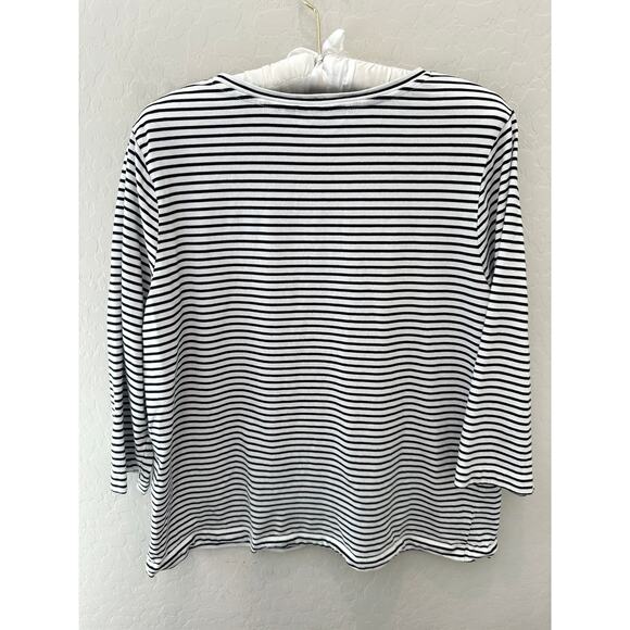 CHICO’S | Black & White Striped Floral Beaded 3/4 Sleeve Top | Size 2 Large - Picture 5 of 7